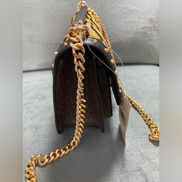NWT Michael Kors, Heather Brown, multi tiger and leather gold Crossbody bag $398 - Picture 7 of 17